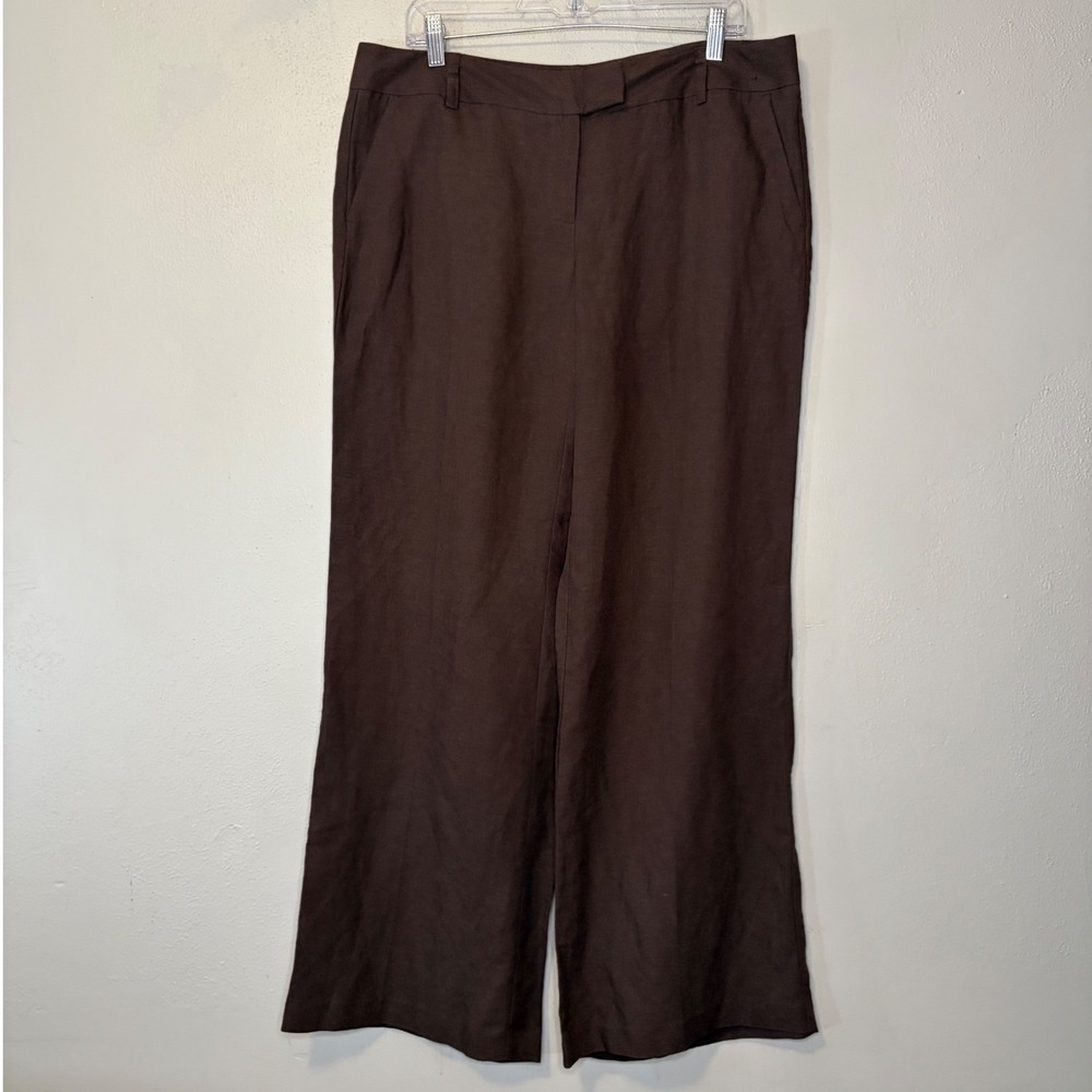 New York & Company Brown Linen Blend Wide Leg Trousers Pants Size 14